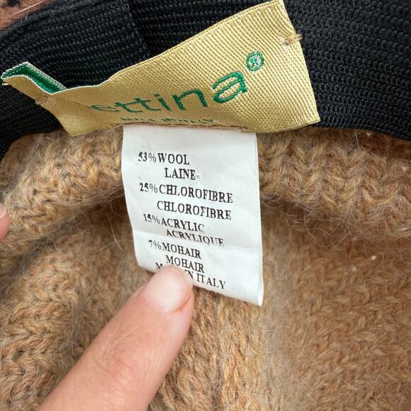 Anthropologie Bettina Boho Hat Wide Brim Wool Mohair Tan Beige Black Flat Bow